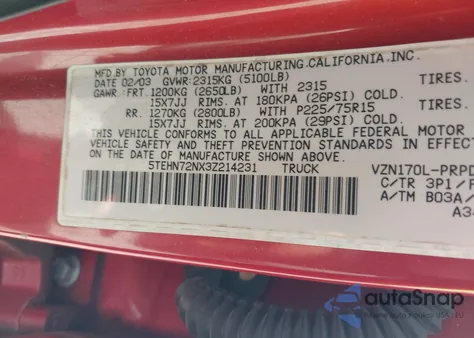 2003 Toyota Tacoma Base V6 z USA, uszkodzony, nr VIN 5TEHN72NX3Z214231